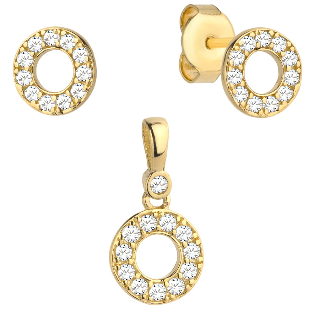 Komplet kolczyki + zawieszka złote kółeczko wysadzane kamieniami pr. 585 1 Komplet kolczyki + zawieszka złote kółeczko wysadzane kamieniami pr. 585