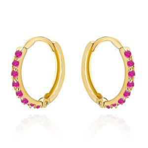 Kolczyki złote kółeczko wysadzane kamieniami w kolorze fuksji pr. 585
