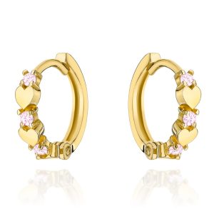 Kolczyki złote serduszka z różowymi cyrkoniami na kreolu pr. 585