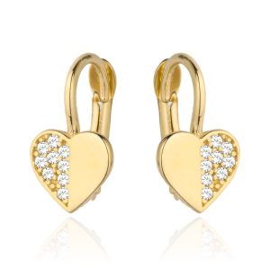 Kolczyki złote serduszko pół gładkie pół z cyrkonii pr. 585