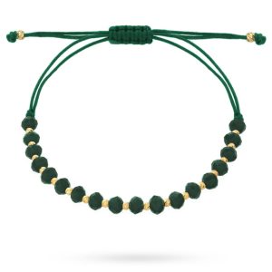 Złota bransoletka kulki i szmaragdowe kamienie na zielonym sznurku 585