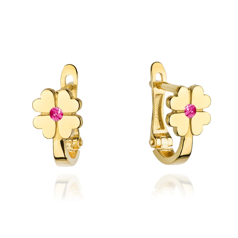 Kolczyki złote czterolistna koniczyna z różową cyrkonią pr. 585 1 Kolczyki złote czterolistna koniczyna z różową cyrkonią pr. 585