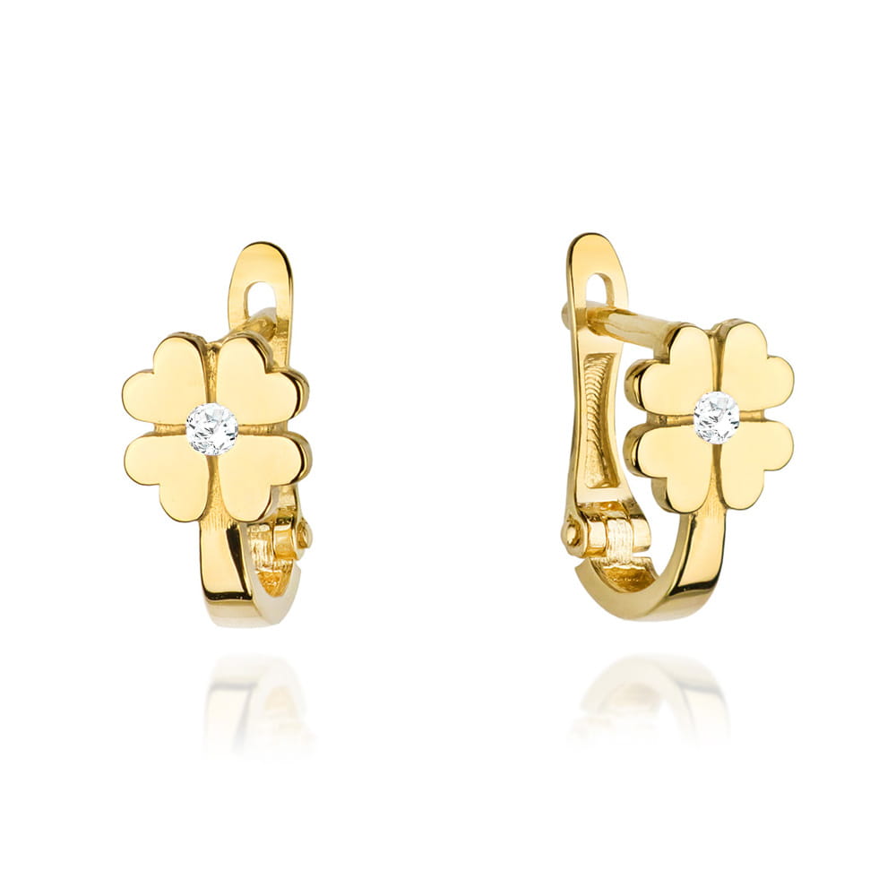 Kolczyki złote czterolistna koniczyna z białą cyrkonią pr. 585 1 Kolczyki złote czterolistna koniczyna z białą cyrkonią pr. 585
