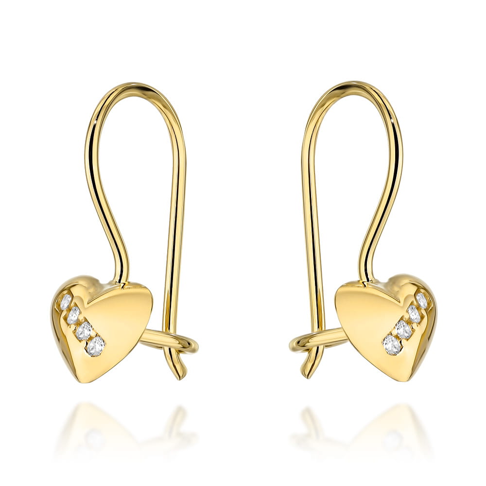 Kolczyki złote serduszka z cyrkoniami na biglu pr. 585 1 Kolczyki złote serduszka z cyrkoniami na biglu pr. 585