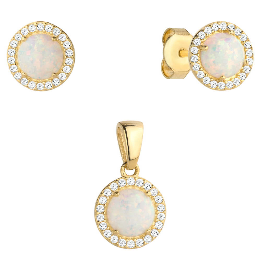 Komplet kolczyki + zawieszka złoty opal otoczony cyrkoniami pr. 585 1 Komplet kolczyki + zawieszka złoty opal otoczony cyrkoniami pr. 585