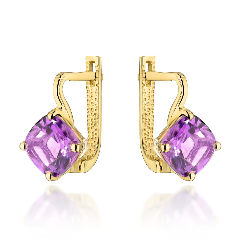 Kolczyki złote z kolekcji COLORFUL STONE z eleganckim zapięciem ametyst kwadrat pr. 585 1 Kolczyki złote z kolekcji COLORFUL STONE z eleganckim zapięciem ametyst kwadrat pr. 585