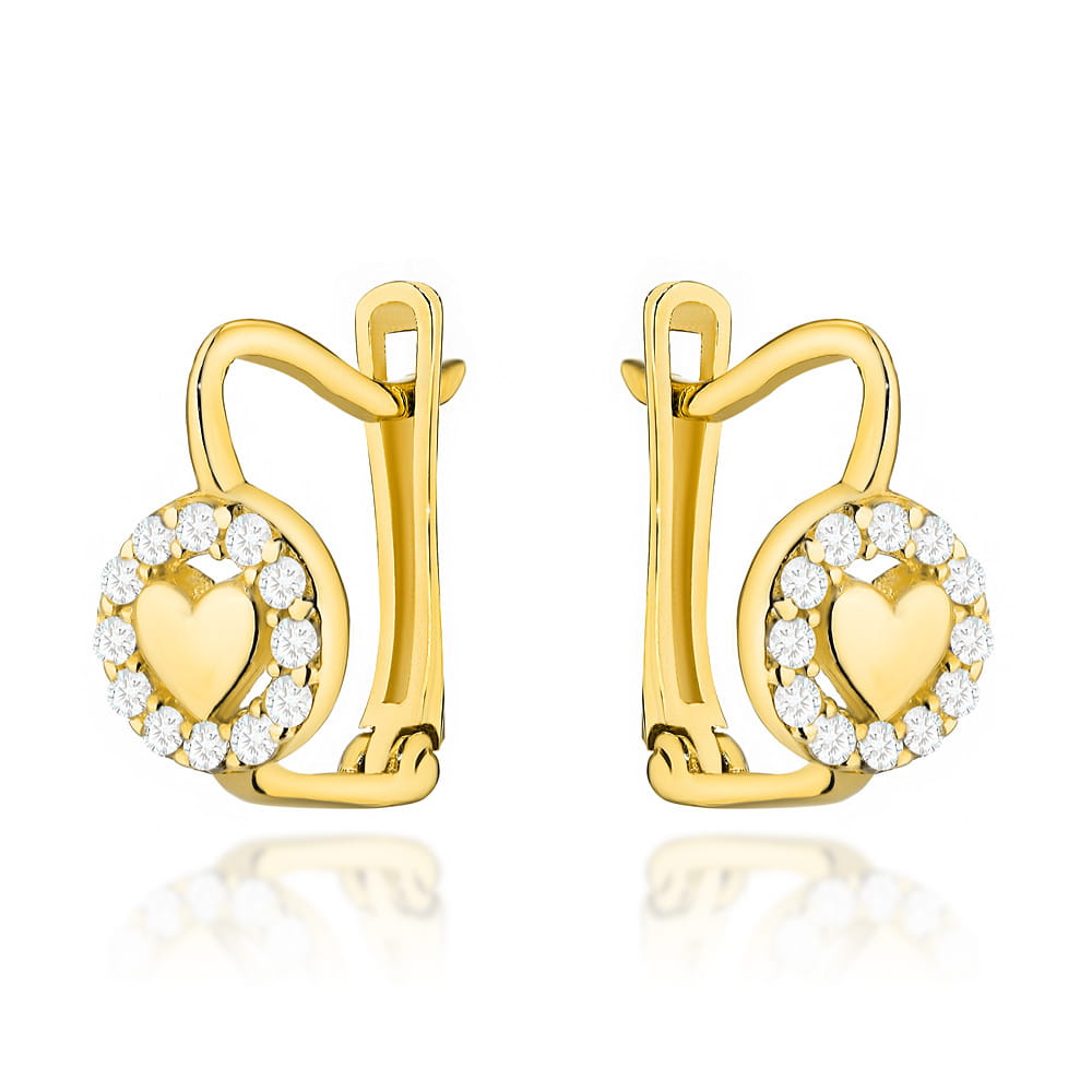 Kolczyki złote serduszko w oprawie cyrkonii na angielskim zapięciu pr. 585 1 Kolczyki złote serduszko w oprawie cyrkonii na angielskim zapięciu pr. 585