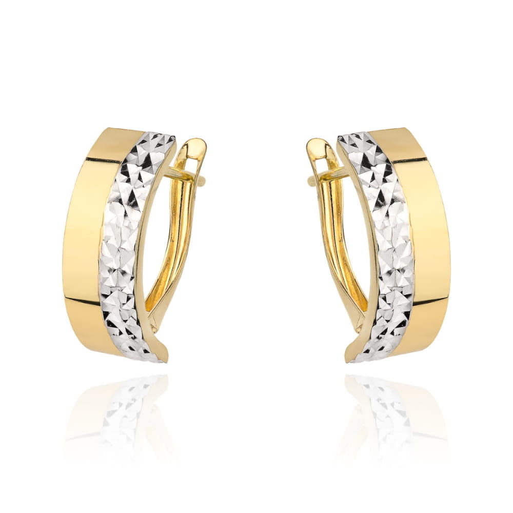 Kolczyki złote zdobione białym złotem i diamentowaniem pr. 585 1 Kolczyki złote zdobione białym złotem i diamentowaniem pr. 585