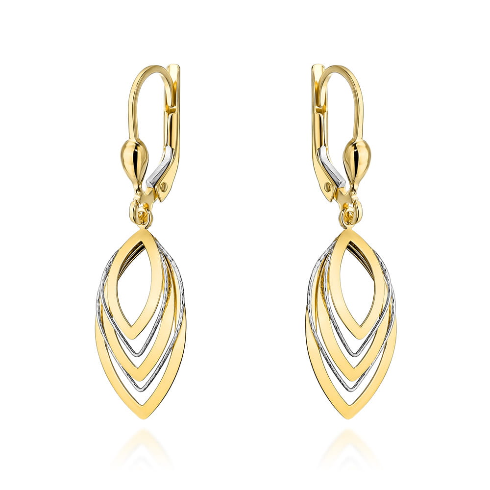 Kolczyki złote listki w dwóch kolorach złota na angielskim zapięciu pr. 585 1 Kolczyki złote listki w dwóch kolorach złota na angielskim zapięciu pr. 585