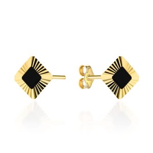 Kolczyki złote romby z czarnym kamieniem w diamentowanej oprawie pr. 585