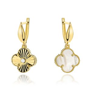 Kolczyki złote dwustronne koniczynki z masą perłową pr. 585