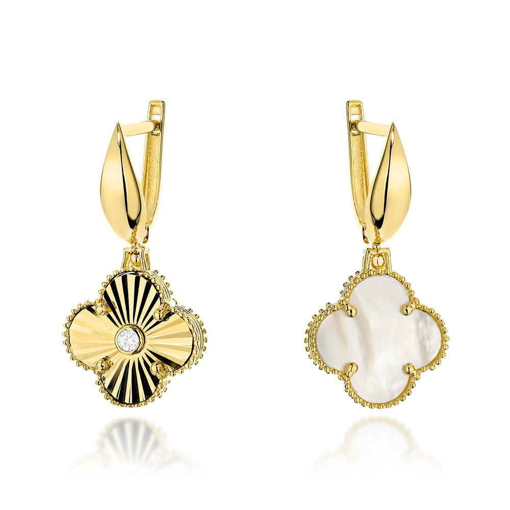 Kolczyki złote dwustronne koniczynki z masą perłową pr. 585 1 Kolczyki złote dwustronne koniczynki z masą perłową pr. 585