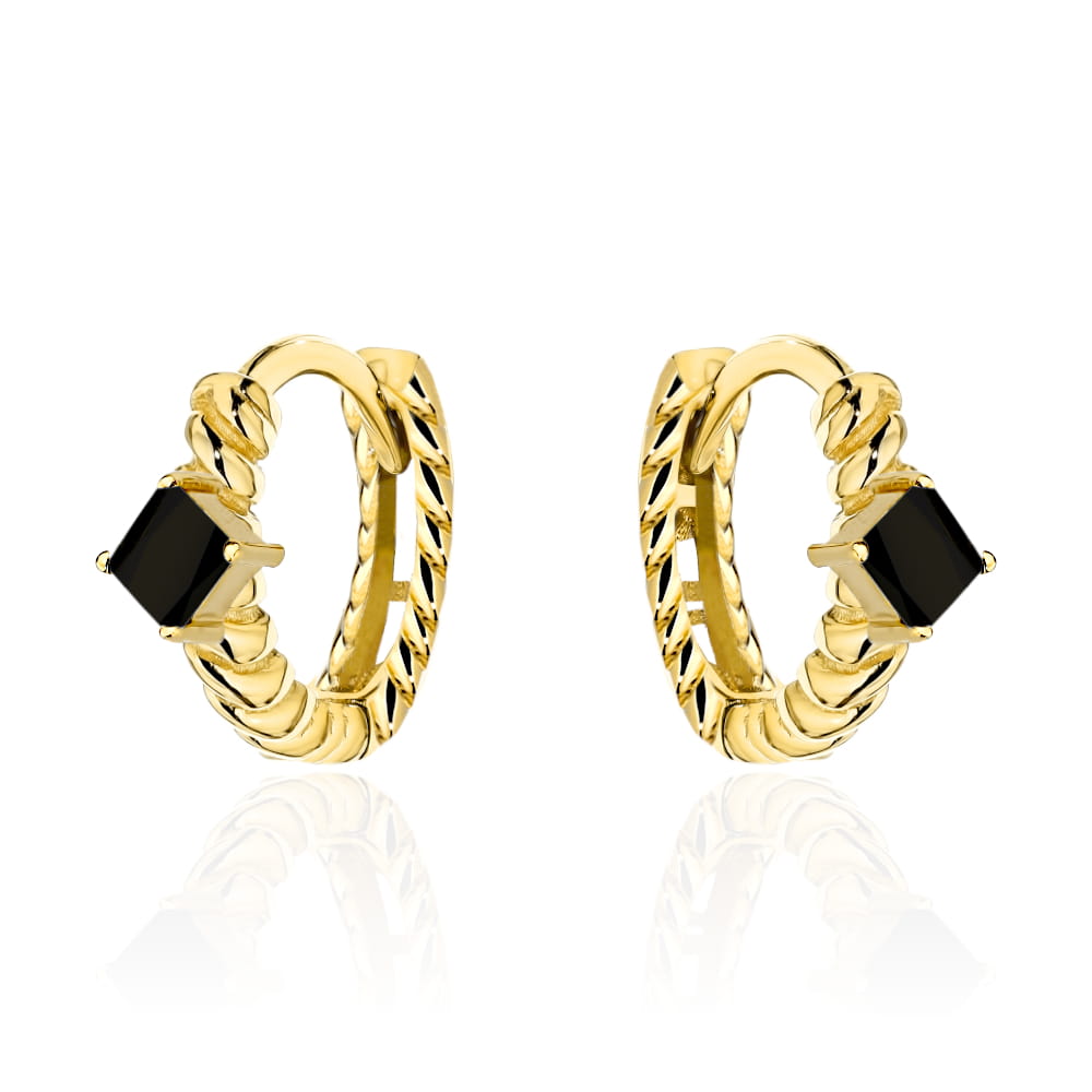 Kolczyki złote kółeczka żłobione z czarnym kamieniem pr. 585 1 Kolczyki złote kółeczka żłobione z czarnym kamieniem pr. 585