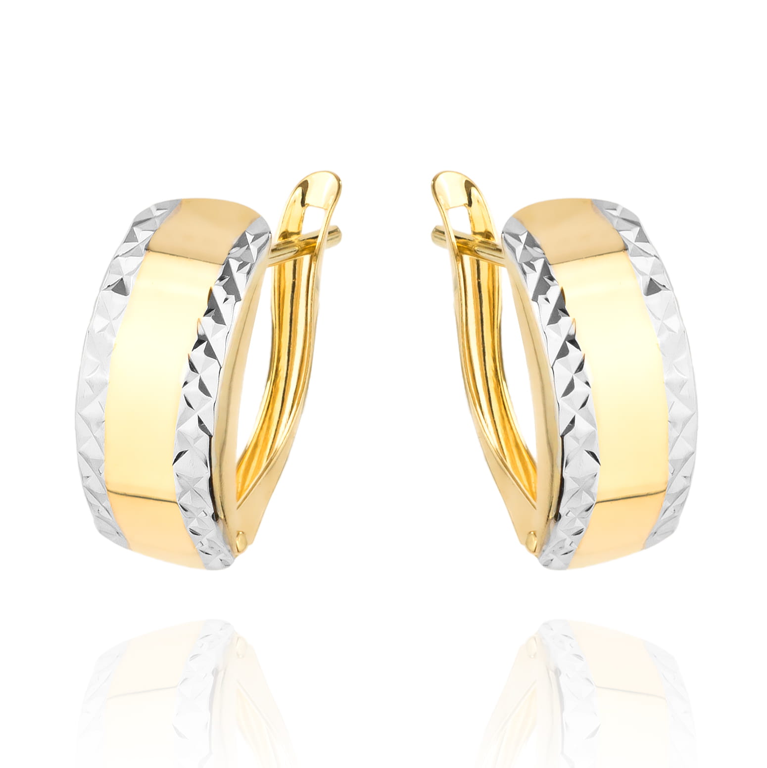 Kolczyki złote diamentowane na obu brzegach dwa kolory złota zaokrąglone pr. 585 1 Kolczyki złote diamentowane na obu brzegach dwa kolory złota zaokrąglone pr. 585