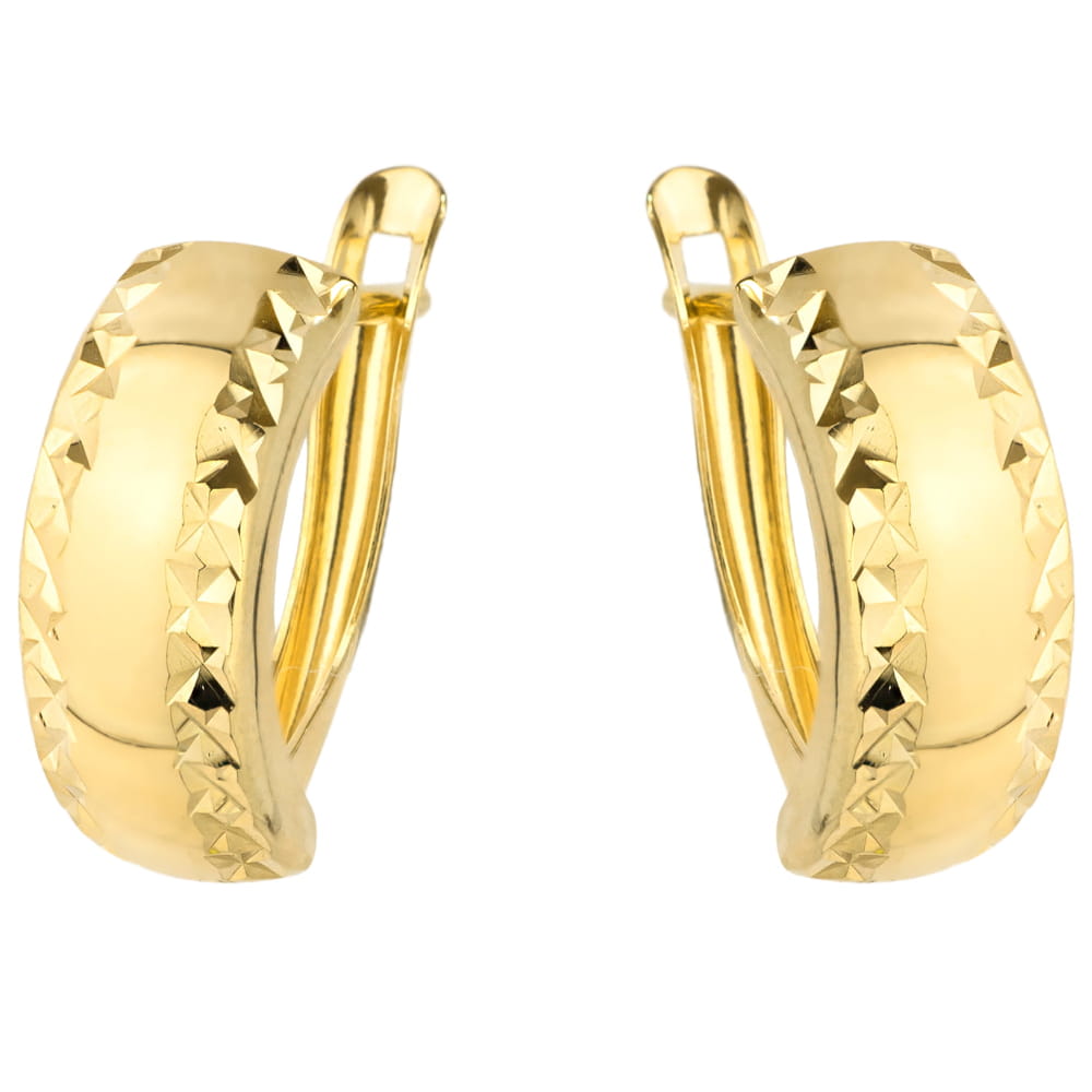 Kolczyki złote diamentowane na obu brzegach szer. 5 mm pr. 585 1 Kolczyki złote diamentowane na obu brzegach szer. 5 mm pr. 585