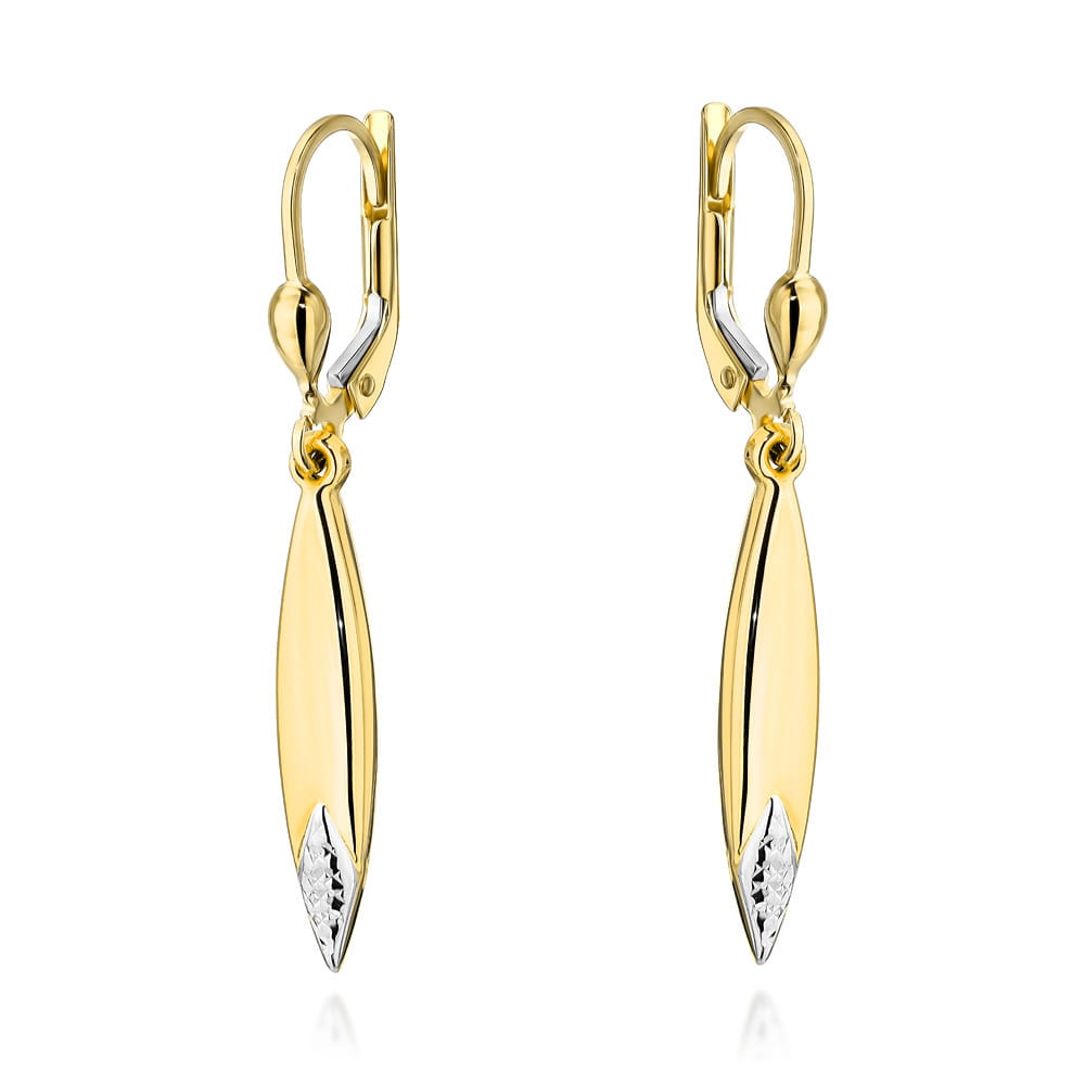 Kolczyki złote sople z diamentowaniem w dwóch kolorach złota pr. 585 1 Kolczyki złote sople z diamentowaniem w dwóch kolorach złota pr. 585