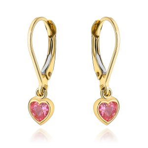 Kolczyki złote z wiszącym różowym sercem pr. 585