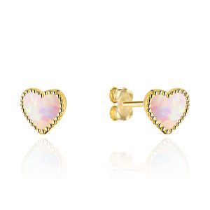 Kolczyki złote serduszka z różowym opalitem na sztyfcie pr. 585