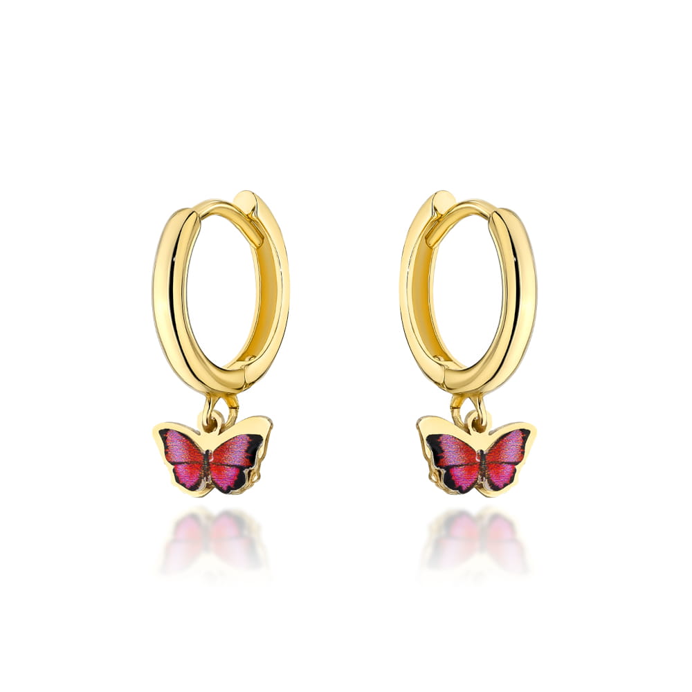 Kolczyki złote różowy motylek zawieszony na kółku pr. 585 1 Kolczyki złote różowy motylek zawieszony na kółku pr. 585