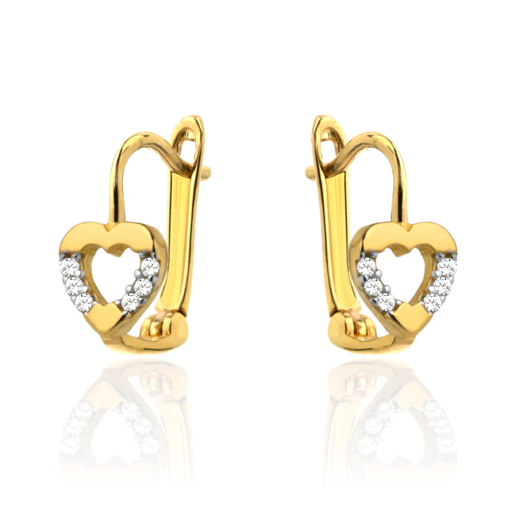 Kolczyki złote serce i cyrkonie po bokach pr. 585 1 Kolczyki złote serce i cyrkonie po bokach pr. 585