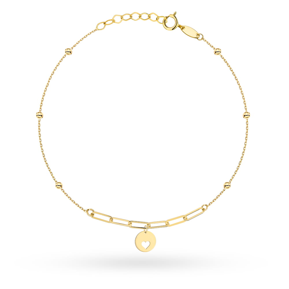 Bransoletka złota z gładkimi kulkami, ogniwami i wiszącym kółkiem z sercem pr. 585 1 Bransoletka złota z gładkimi kulkami, ogniwami i wiszącym kółkiem z sercem pr. 585
