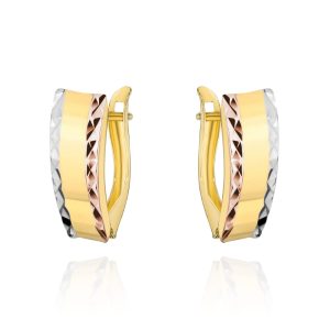 Kolczyki złote z diamentowanymi brzegami w trzech kolorach złota pr. 585