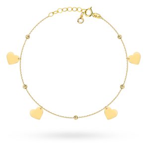 Bransoletka złota wiszące serduszka i diamentowane kulki na nogę pr. 585