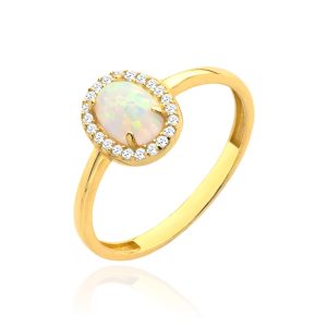 Złoty pierścionek Opal owalny otoczony cyrkoniami 585