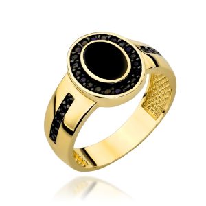 Złoty pierścionek owal z emalią zdobiony czarnymi kamieniami 585