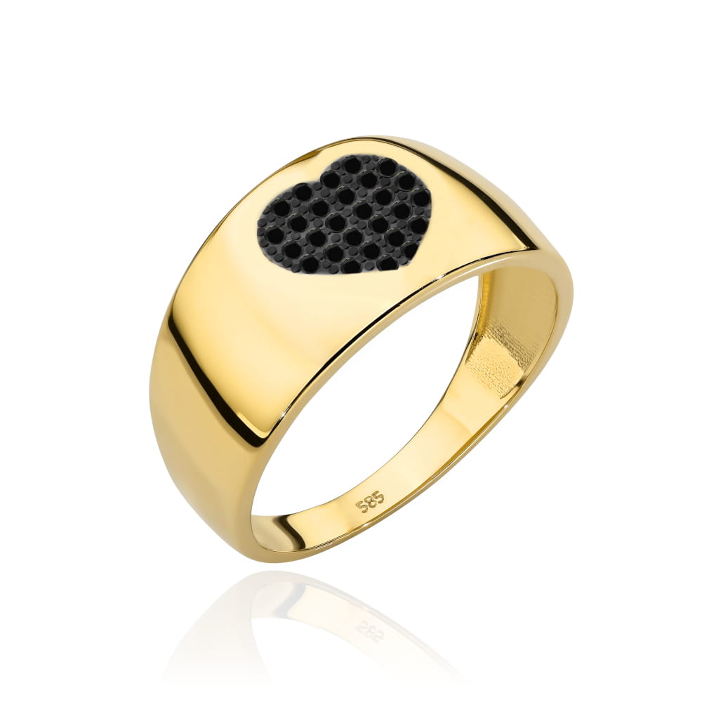 Złoty pierścionek szeroki z sercem wysadzanym czarnymi kamieniami 585 1 Złoty pierścionek szeroki z sercem wysadzanym czarnymi kamieniami 585