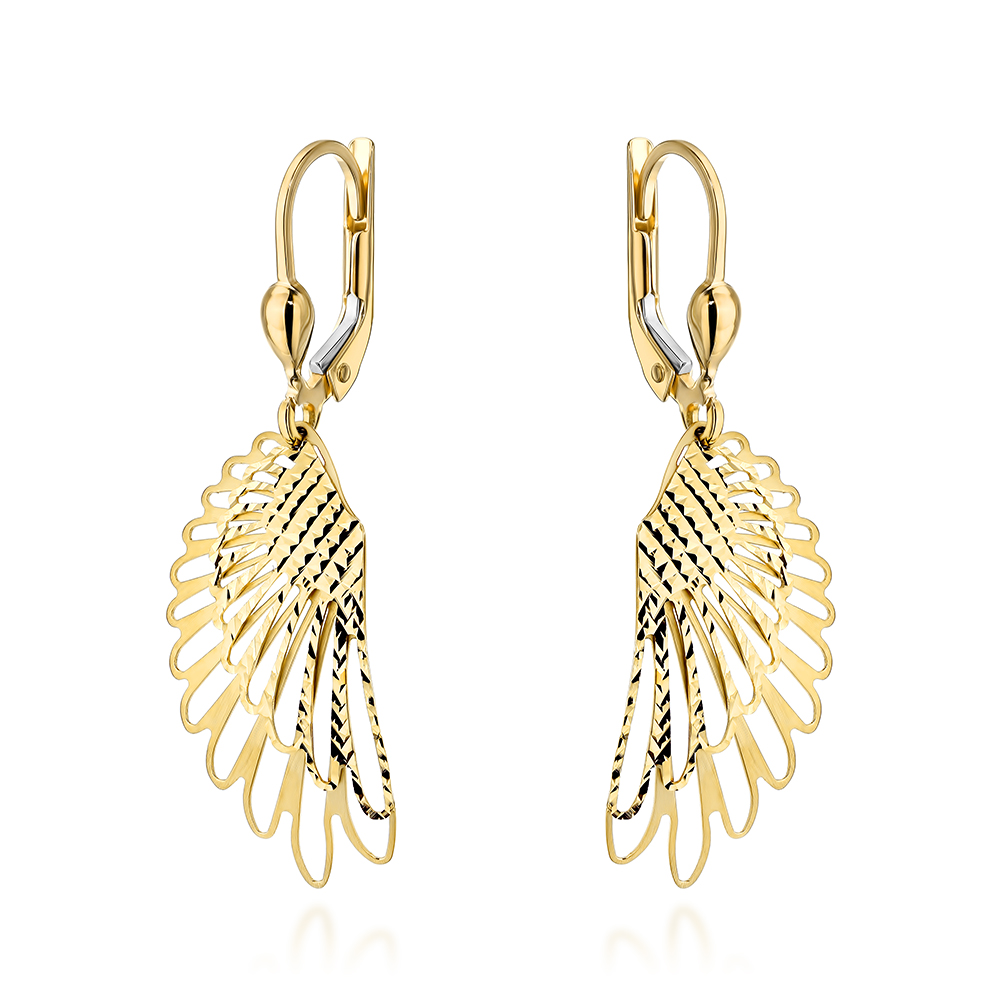 Kolczyki złote skrzydła zdobione diamentowaniem pr. 585 1 Kolczyki złote skrzydła zdobione diamentowaniem pr. 585