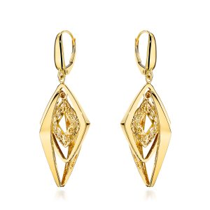 Kolczyki złote potrójne gładkie romby zdobione ażurem pr. 585