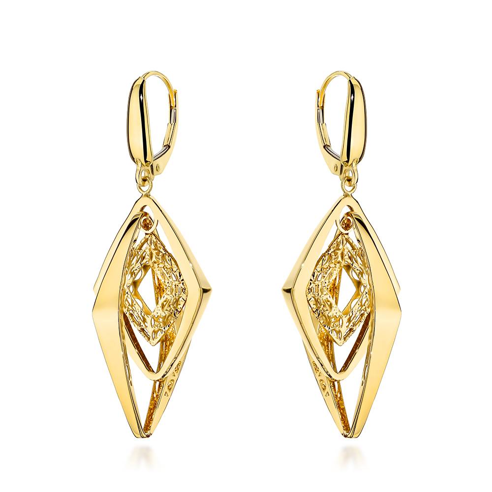 Kolczyki złote potrójne gładkie romby zdobione ażurem pr. 585 1 Kolczyki złote potrójne gładkie romby zdobione ażurem pr. 585