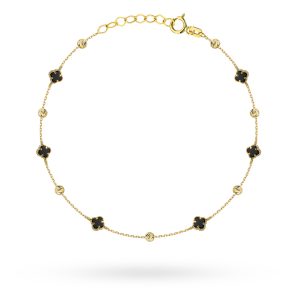 Bransoletka złota z czarnymi koniczynkami i diamentowanymi kulkami pr. 585