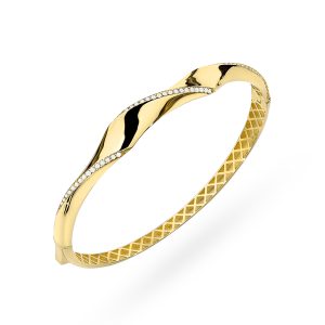 Bransoletka złota sztywna falowana zdobiona cyrkoniami pr. 585