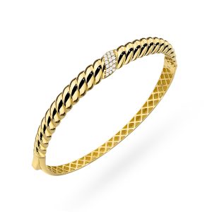 Bransoletka złota sztywna pleciona zdobiona cyrkoniami na środku pr. 585