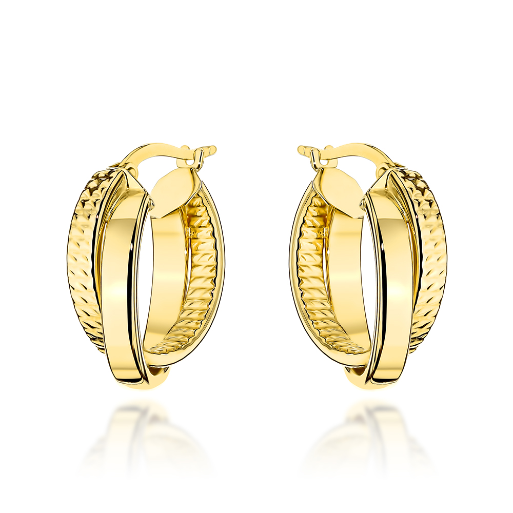 Kolczyki złote podwójne kółka gładkie i diamentowane pr. 585 1 Kolczyki złote podwójne kółka gładkie i diamentowane pr. 585