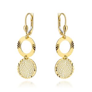 Kolczyki złote wiszące diamentowany ring i ażurowe kółko pr. 585