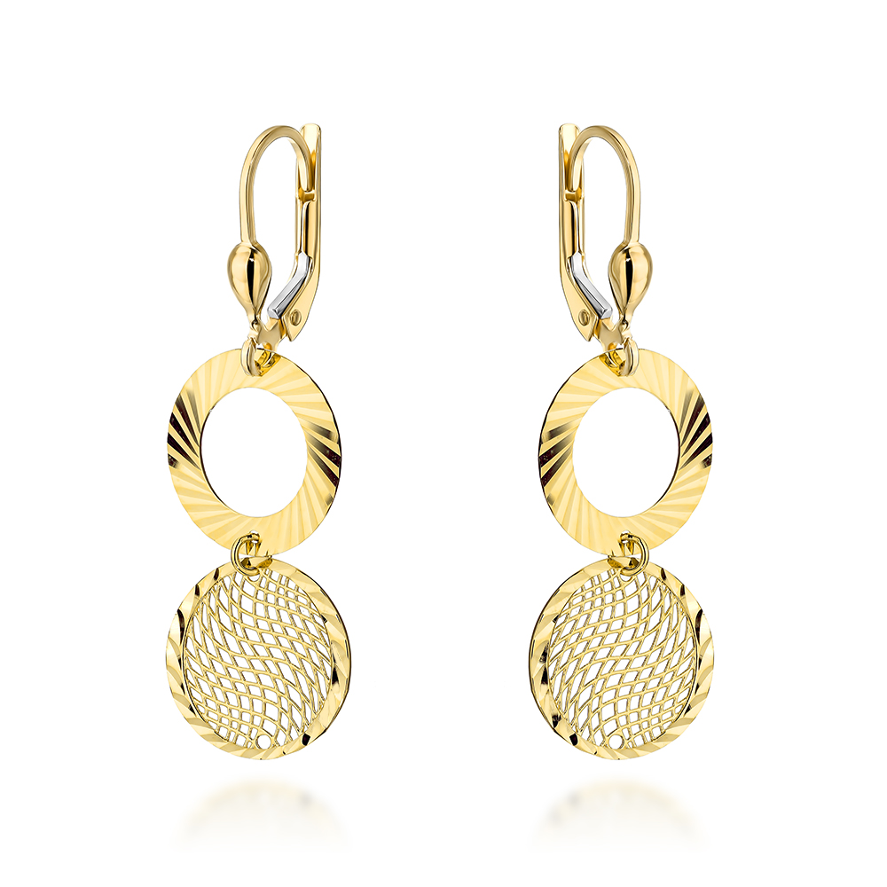 Kolczyki złote wiszące diamentowany ring i ażurowe kółko pr. 585 1 Kolczyki złote wiszące diamentowany ring i ażurowe kółko pr. 585