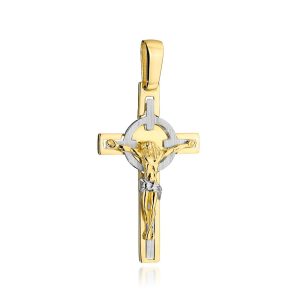 Złoty krzyż Benedyktyński trójwymiarowy z białym złotem 585